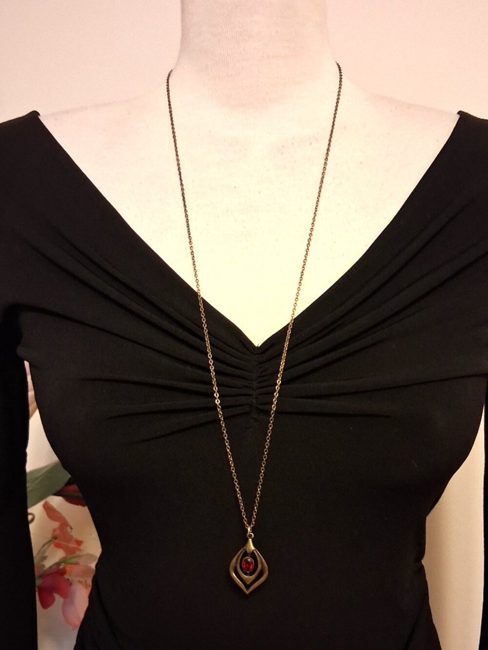 Noa Noa Vintage Red Crystal Copper Pendant Long Brass Necklace VTG Jewelry